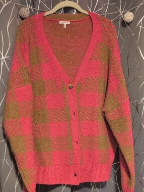 Maurices Pink & Brown Check V-Neck Cardigan